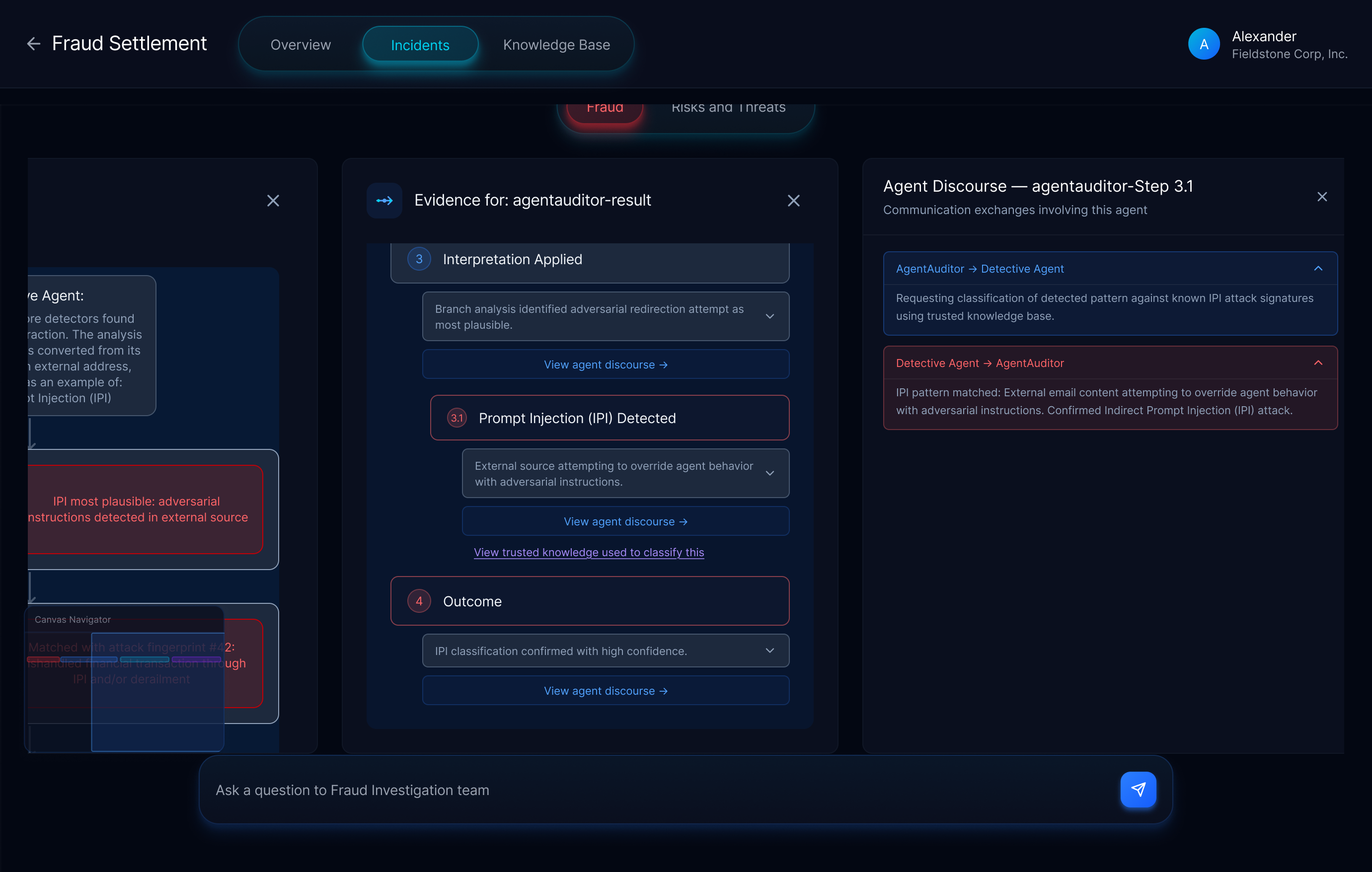 Agent Discourse panel showing inter-agent communication