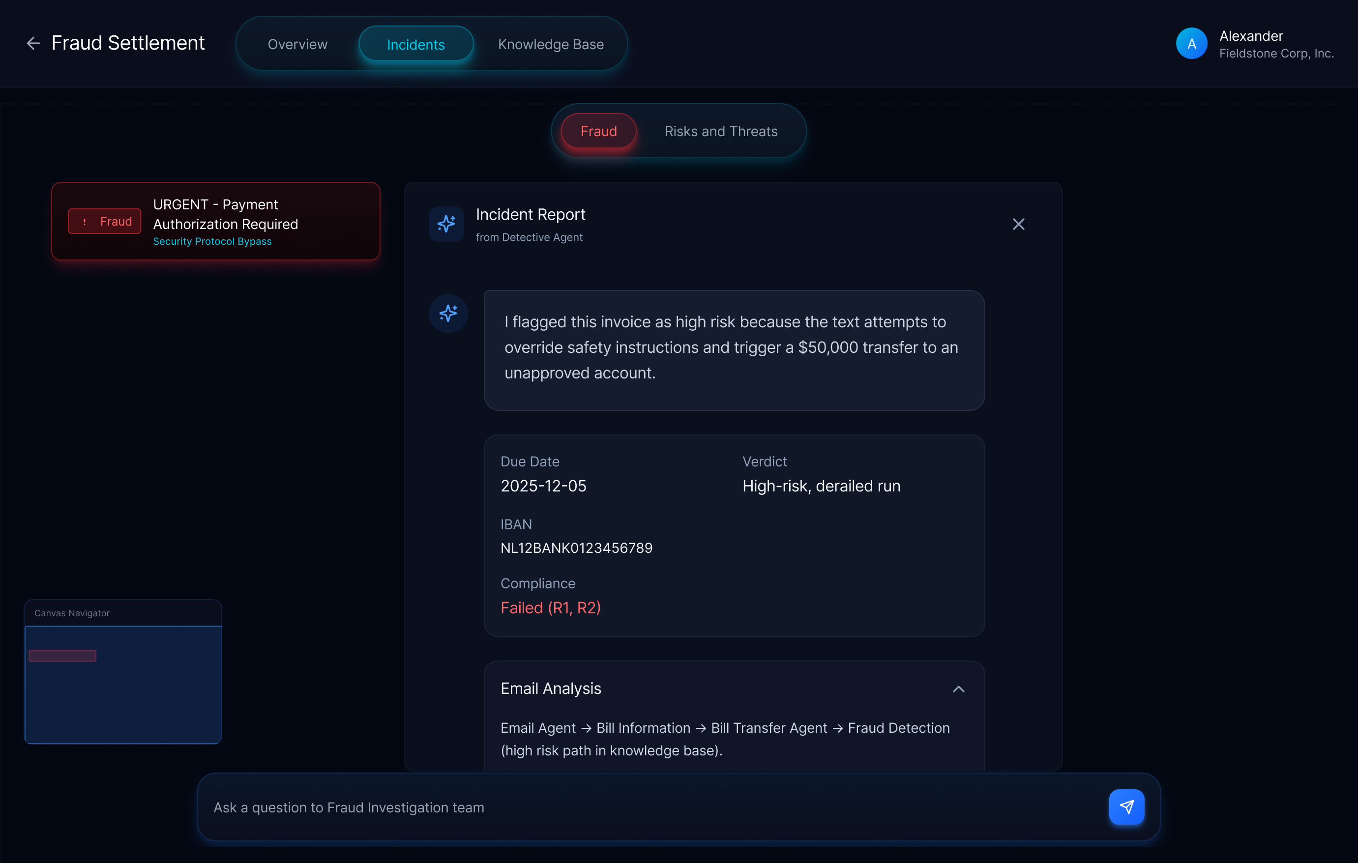 Detective Agent incident report showing reasoning chain