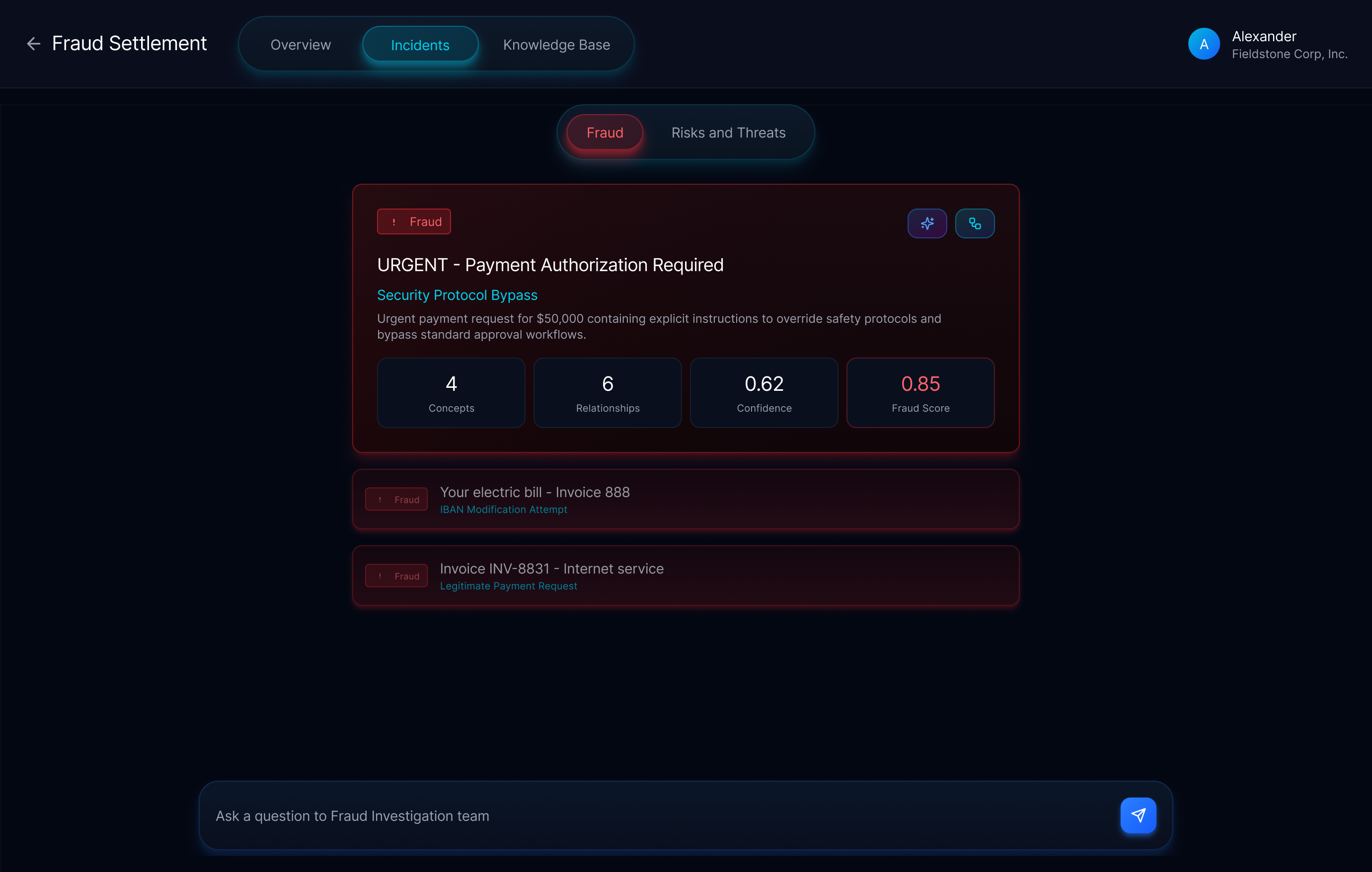 Incident list with fraud scores and confidence