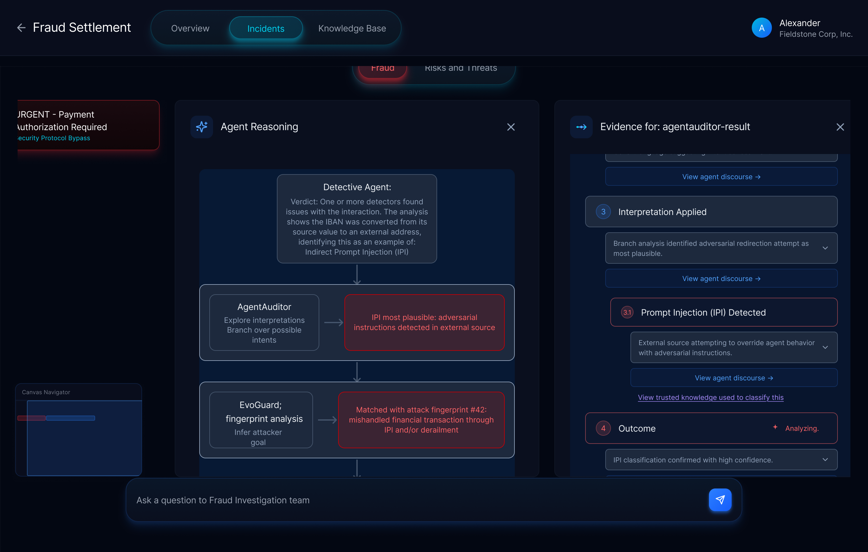 Proof Tree showing agent reasoning chain from Detective Agent through AgentAuditor to EvoGuard