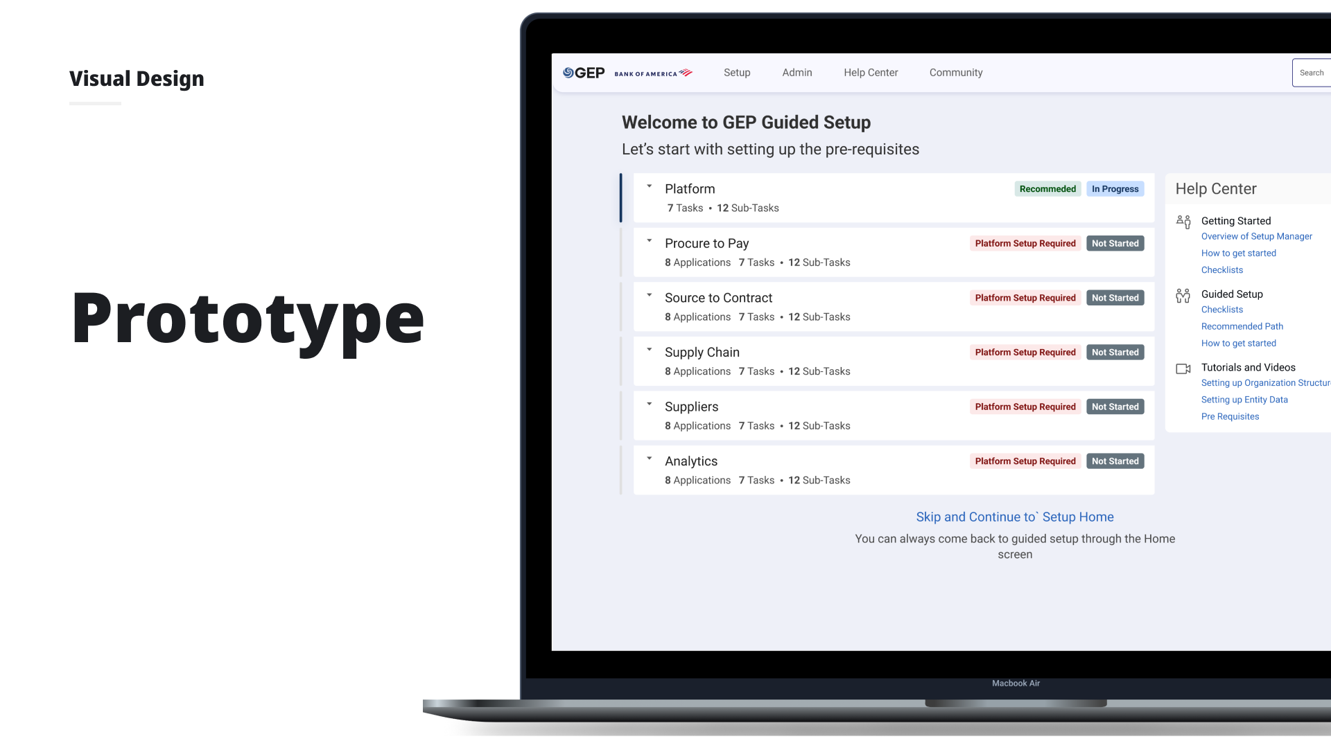 Final prototype: Welcome to GEP Guided Setup with application-by-application progress