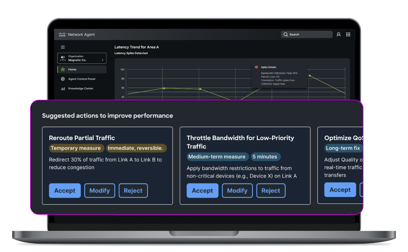 HAX Clarity: Network Agent surfacing suggested actions with Accept/Modify/Reject controls