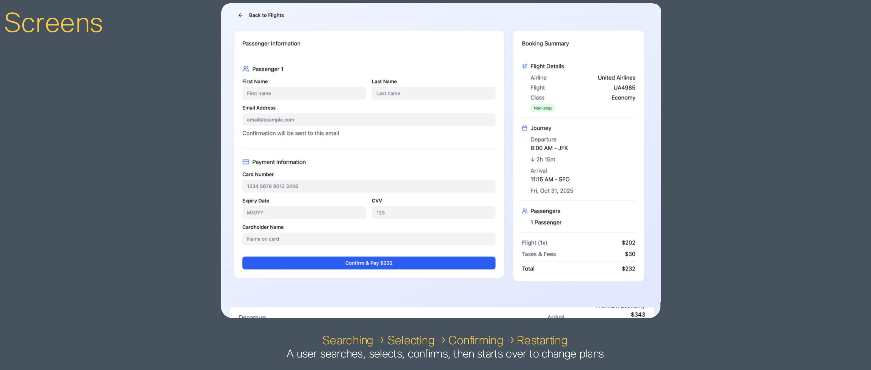 Screens: flight booking form — Searching, Selecting, Confirming, Restarting