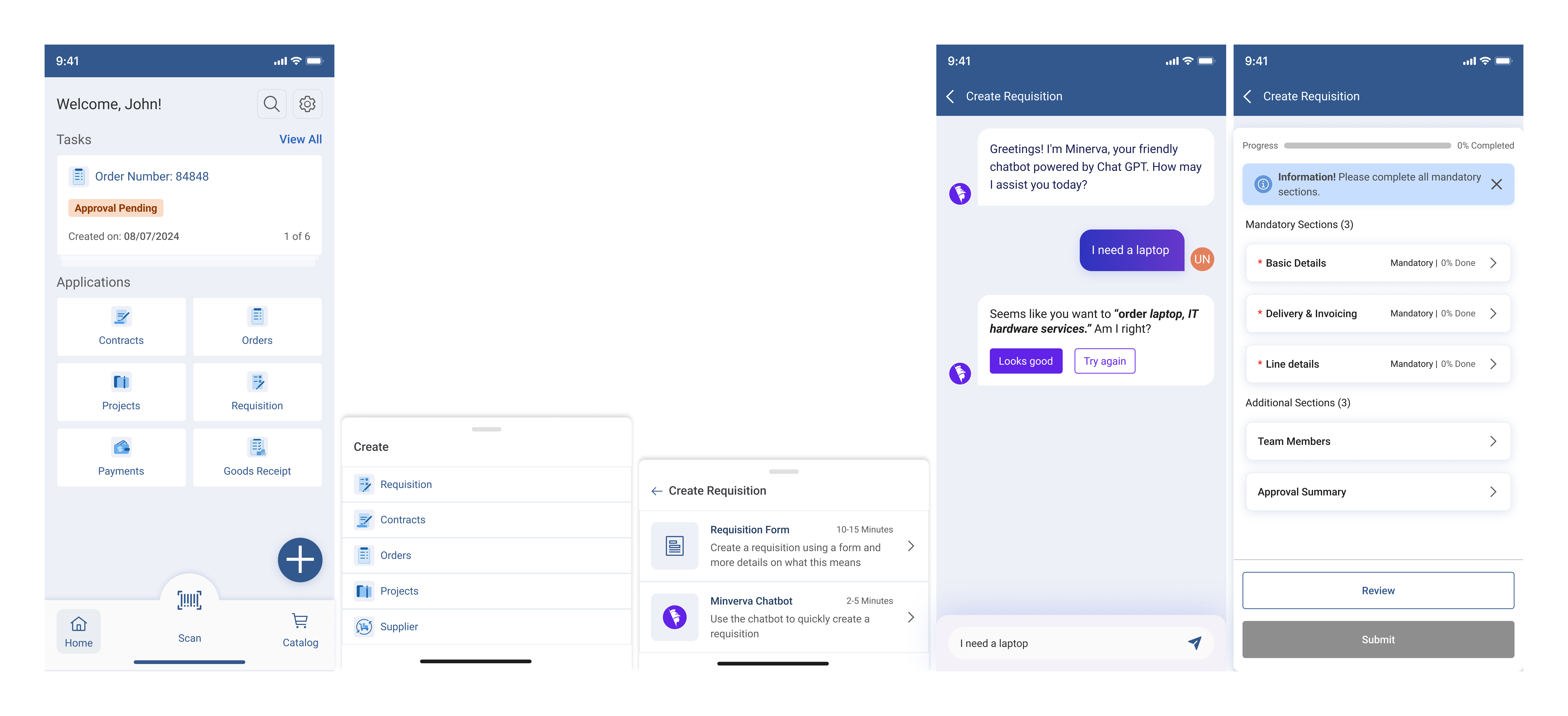Create requisition: three paths — Requisition Form, Minerva AI Chatbot, and guided creation flow