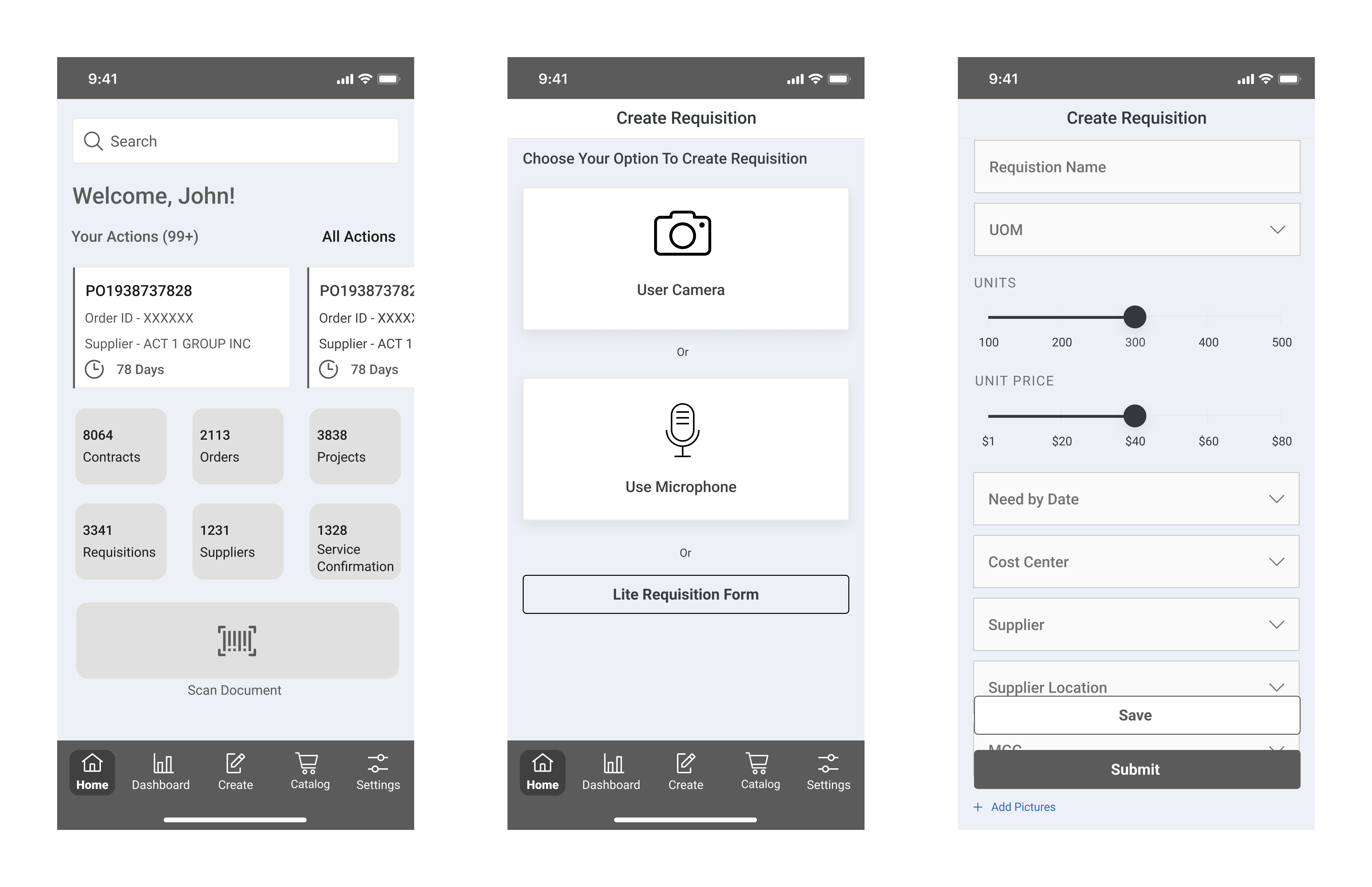 Wireframes: home screen with pending actions, create requisition entry, and form structure