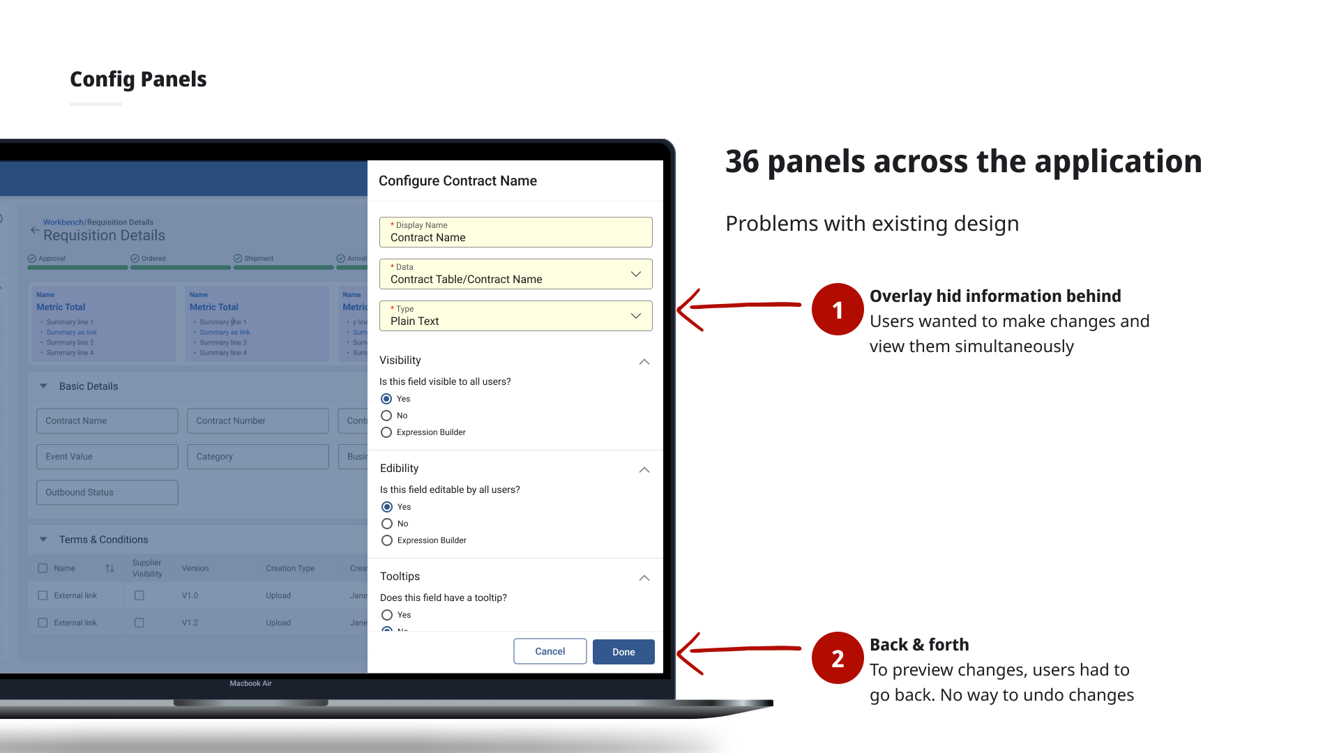36 config panels: both problems annotated — overlay hid information and back-and-forth to preview changes