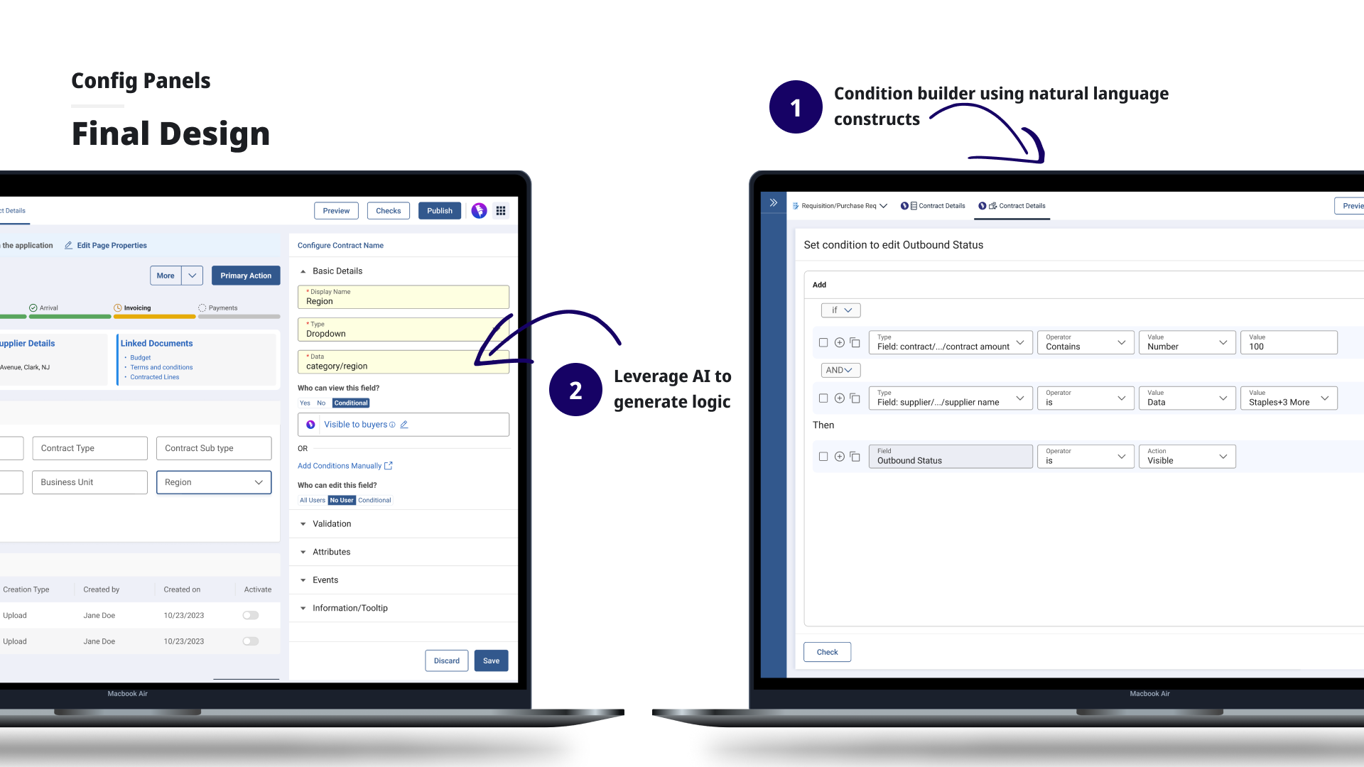 Config Panels final design: condition builder using natural language constructs and AI-generated logic