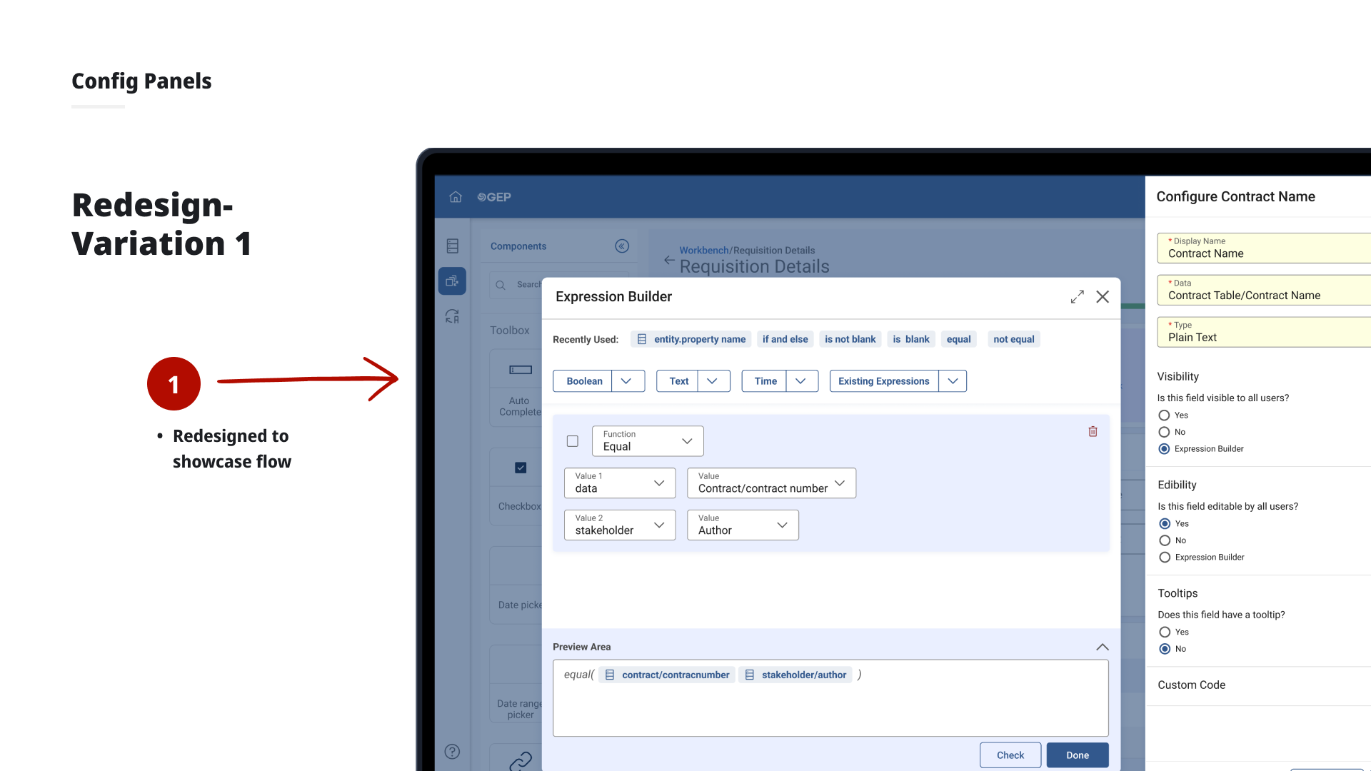Config Panels Redesign Variation 1 - Expression Builder redesigned to showcase flow